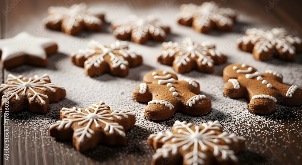 Fototapeta premium Warmly Lit Gingerbread Men and Iced Snowflakes Resting in a Wintery Sugar Snow.