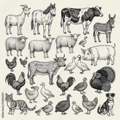 Farm Animals Illustration - Goat, Horse, Cow, Donkey, Sheep, Pig, Poultry.