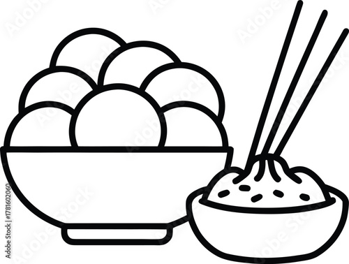 Asian Cuisine Dishes Line Art Transparent Background