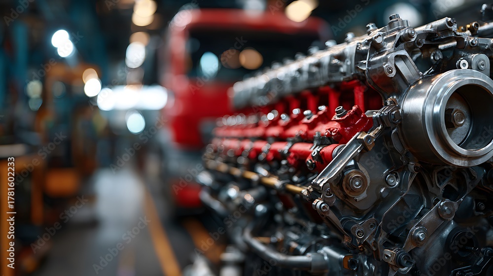 Fototapeta premium Close-up of Complex Truck Engine with Red Accents in Manufacturing Plant