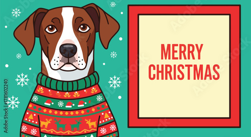 A festive illustration featuring a dog wearing a Christmas sweater with snowflakes and a greeting.