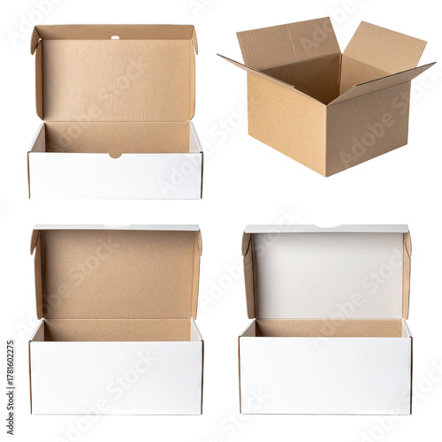 Cardboard boxes two open, one brown, one white