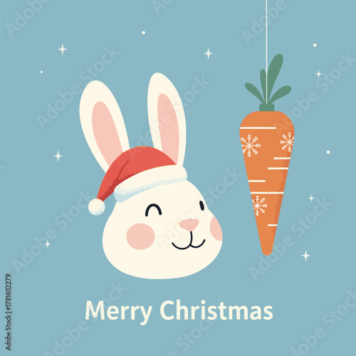 A cute cartoon bunny wearing a Santa hat, with a carrot hanging nearby, wishing Merry Christmas.