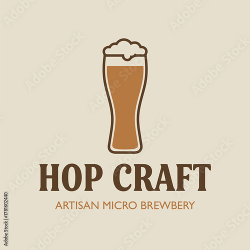 Vintage Logo Design of Hop Craft Beer Glass with Foam for Artisan Micro Brewery and Craft Beverage Business or Company Branding Identity Concept Vector Illustration Minimalist Outline Style.