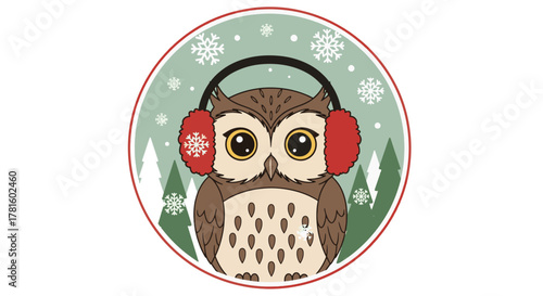 Winter owl with earmuffs in a snowy forest scene, festive and cute.