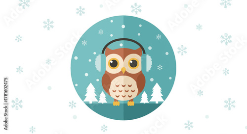 Illustration of an owl wearing earmuffs in a winter scene with snowflakes and trees.