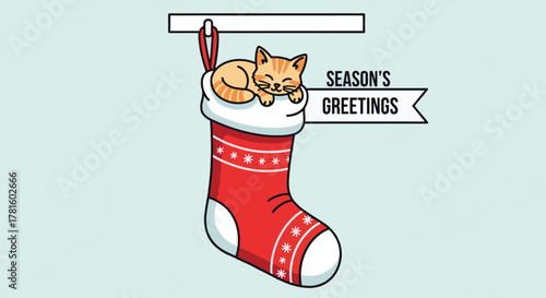 A cute orange tabby cat sleeping peacefully inside a festive red and white Christmas stocking with a "Season's Greetings" banner.