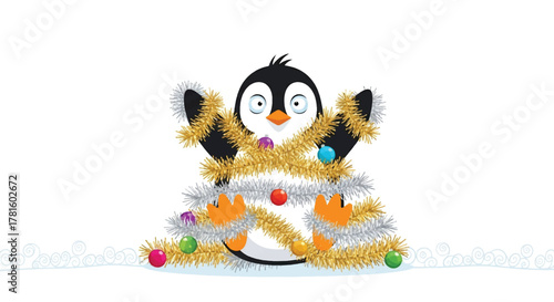A cute cartoon penguin is sitting in the snow, tangled in gold and silver tinsel and colorful Christmas ornaments.