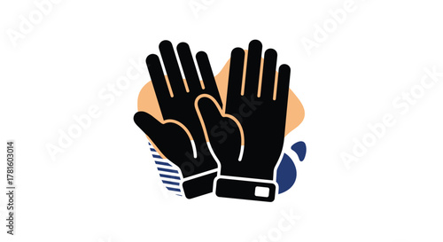 Illustration of black protective work gloves with abstract shapes in the background, representing themes of safety, gardening, and labor.
