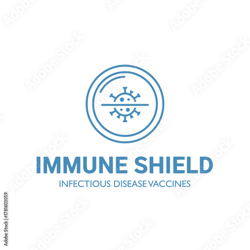 Scientific Logo Design of Immune Shield Virus Icon Crossed Out for Infectious Disease Vaccines and Medical Research Business or Company Branding Identity Concept Vector Illustration Minimalist Style.