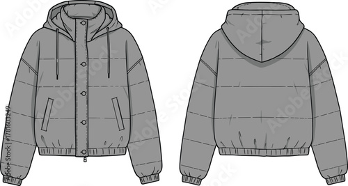 Modern gray puffer hooded jacket front and back view, insulated winter coat fashion flat technical drawing for design presentation