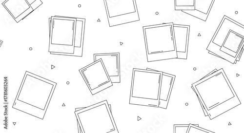 Abstract background with linear outlines of instant photo frames, circles, and triangles in a scattered arrangement.