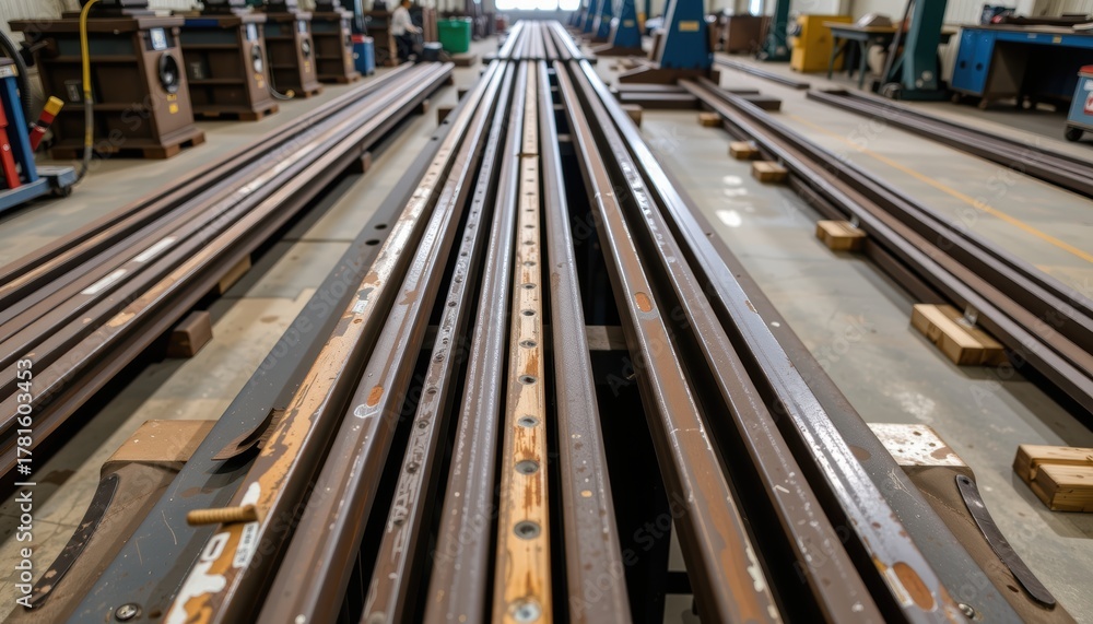 Obraz premium Industrial scene featuring long metal rails in a workshop setting.