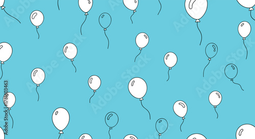 A whimsical and playful seamless pattern of simple hand-drawn white and outline balloons floating on a bright blue background.