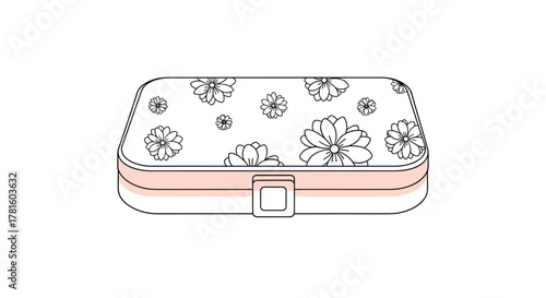 Simple line art illustration of a rectangular storage box with a daisy floral pattern on the lid and a pink accent band, featuring a front clasp.