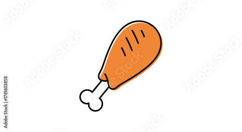 A simple, hand-drawn illustration of a crispy, golden-brown fried chicken drumstick with a visible bone, depicted in a cartoon style on a white background.