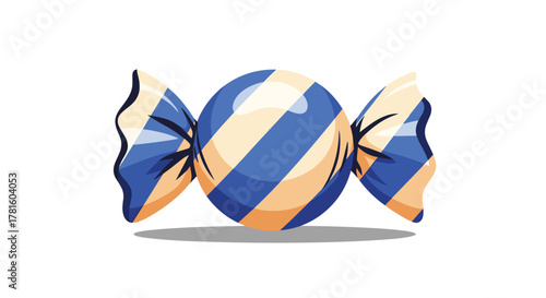An illustration of a glossy blue and cream striped round candy with twisted wrapper ends and a subtle shadow on a white background.