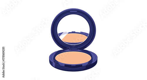 An open dark blue compact powder case with a circular mirror reflecting the skin-toned makeup inside, on a white background.