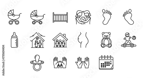 Collection of linear icons representing family, pregnancy, and childhood isolated on white background