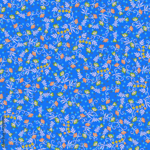 Seamless floral pattern with buds, twigs, leaves and berries on a blue background. Beautiful print for fabric. Vintage motifs.