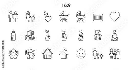 Collection of linear icons representing family, pregnancy, and childhood isolated on white background