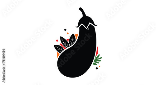 Stylized black eggplant silhouette with colorful culinary herbs and spices, ideal for food-related graphic design and branding.