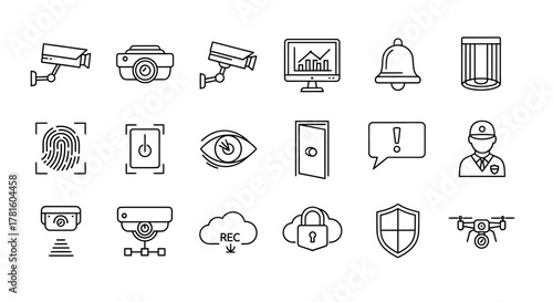 Security system icons set isolated on white background surveillance camera and alarm bell
