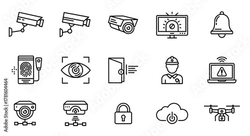 Security and surveillance icons depicting safety measures and monitoring systems isolated on white background