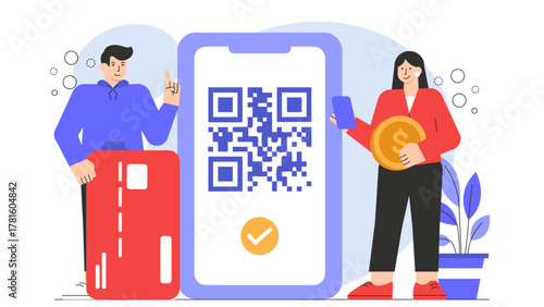 Mobile Payment and QR Code Transaction Flat Vector Illustration