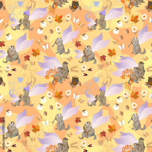 Cute winged marmots with flutes and in funny hats are harvesting. Fairytale seamless print for baby fabric. Animalistic pattern.