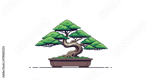 A beautifully stylized pixel art bonsai tree with a twisted trunk and lush green foliage in a brown pot, resting on a minimalist dashed line.