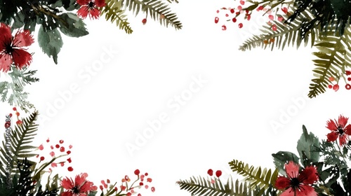 Fototapeta Naklejka Na Ścianę i Meble -  A beautiful floral border featuring vibrant red flowers and green foliage, creating a decorative frame on a blank white background.