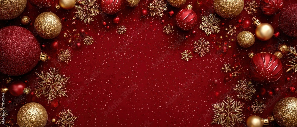 Obraz premium A festive arrangement of red and gold Christmas ornaments, sparkling snowflakes, and a glittery background, perfect for holiday celebrations.