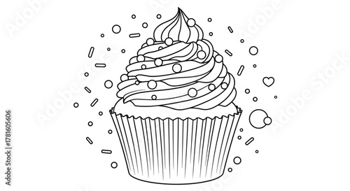 Simple black and white line art of a delicious cupcake featuring a generous swirl of frosting, a scattering of sprinkles, and a cute heart.