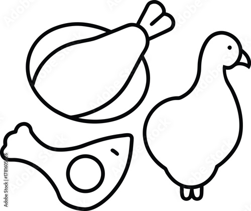 Meat and Poultry Cuts Line Art Transparent Background