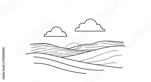 Minimalist line art drawing of a peaceful natural landscape featuring gentle rolling hills, a rising or setting sun, and soft clouds above.