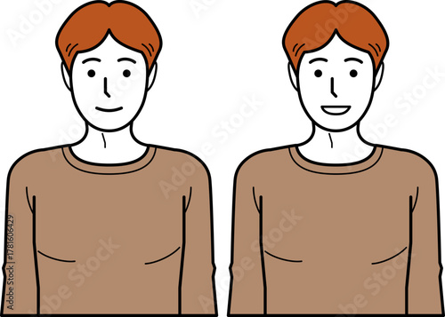 正面向き。腕をおろしたTシャツの若い男性。