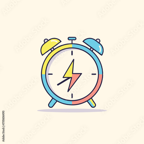 Colorful alarm clock with lightning bolt symbol indicating energy and time.