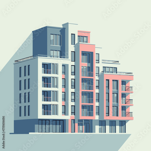 Modern architectural design of a multi-story residential building with balconies and windows.