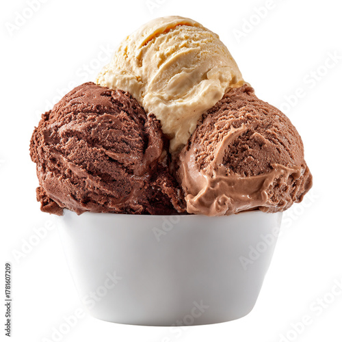 Scoop of vanilla ice cream in white bowl isolated on white background, frozen dessert sweet cream flavor made from milk and sugar, dairy treat and summer snack