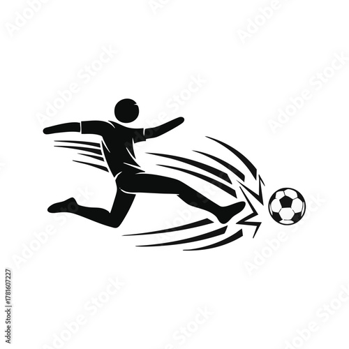 A dynamic silhouette captures a soccer player mid-kick, emphasizing action and motion against a clean white backdrop, perfect for sports-related visuals.