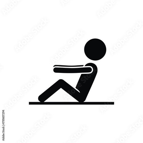 A black and white stick figure demonstrates a sit-up exercise, highlighting fitness and healthy lifestyle choices for physical well-being.