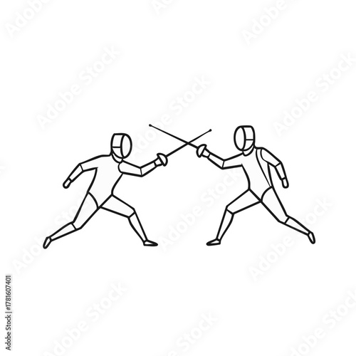 Two fencers engage in a dynamic sword fight, showcasing skill and precision with their weapons in a competitive sporting event.