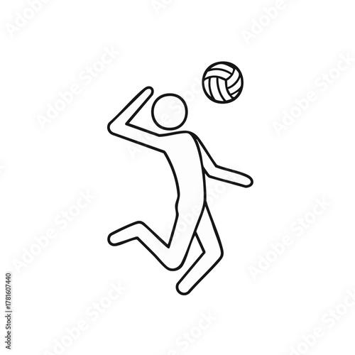 A simple line drawing depicts a person playing volleyball, showcasing the sport's action with a leaping figure and the ball.