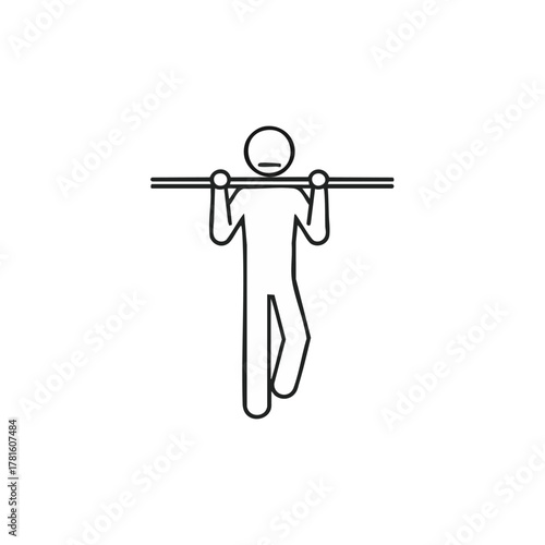 A simple line drawing depicts a stick figure performing a pull-up exercise on a horizontal bar, promoting fitness and strength.
