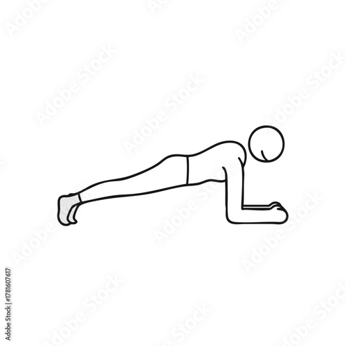 Minimalist black and white illustration of a person doing a plank exercise, showcasing fitness and core strength on a white background.