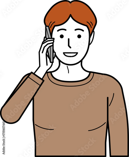 正面向き。スマホで電話するTシャツの若い男性。