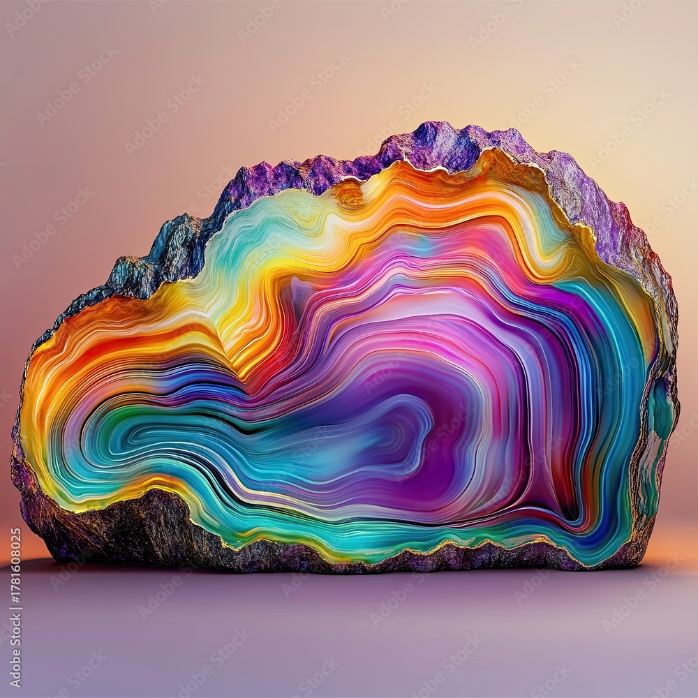 Naklejka premium Vibrant Rainbow Agate Geode Slice with Abstract Colorful Mineral Layers for Modern Art Background, Abstract Color Geode Art, Rainbow Healing Stone Background