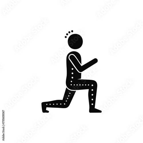 A black and white illustration depicts a person performing a lunge exercise, emphasizing fitness and physical activity in a simple design.