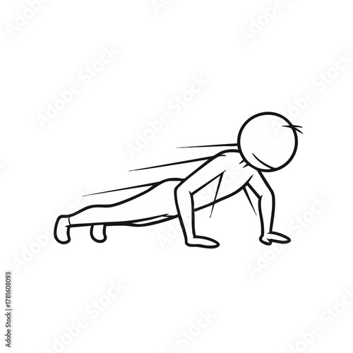 A simple black and white illustration depicts a stick figure performing a push-up exercise, emphasizing fitness and physical activity.
